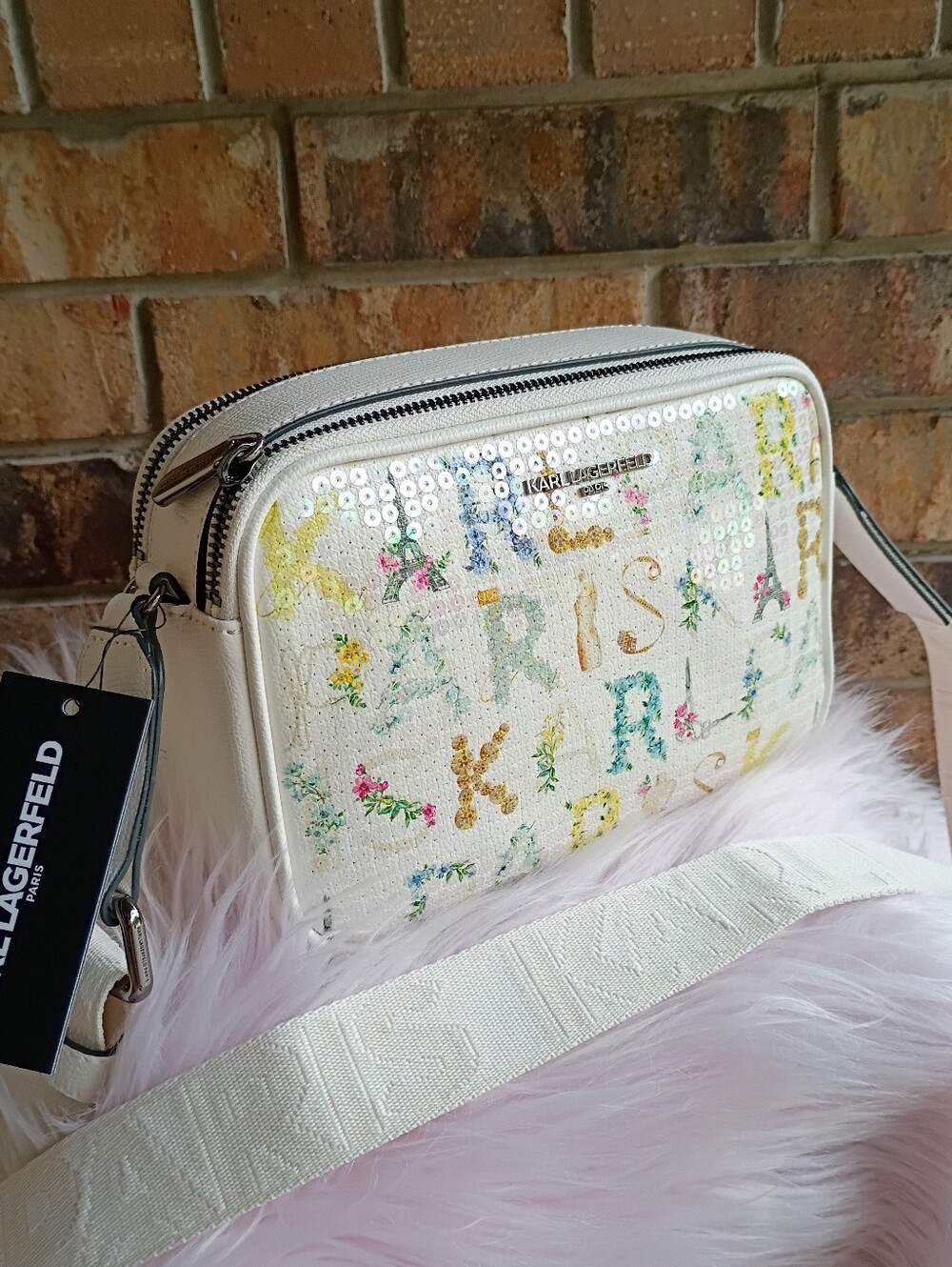 NEW Karl Lagerfeld Paris White Sequin Logo Floral Maybelle Crossbody Bag